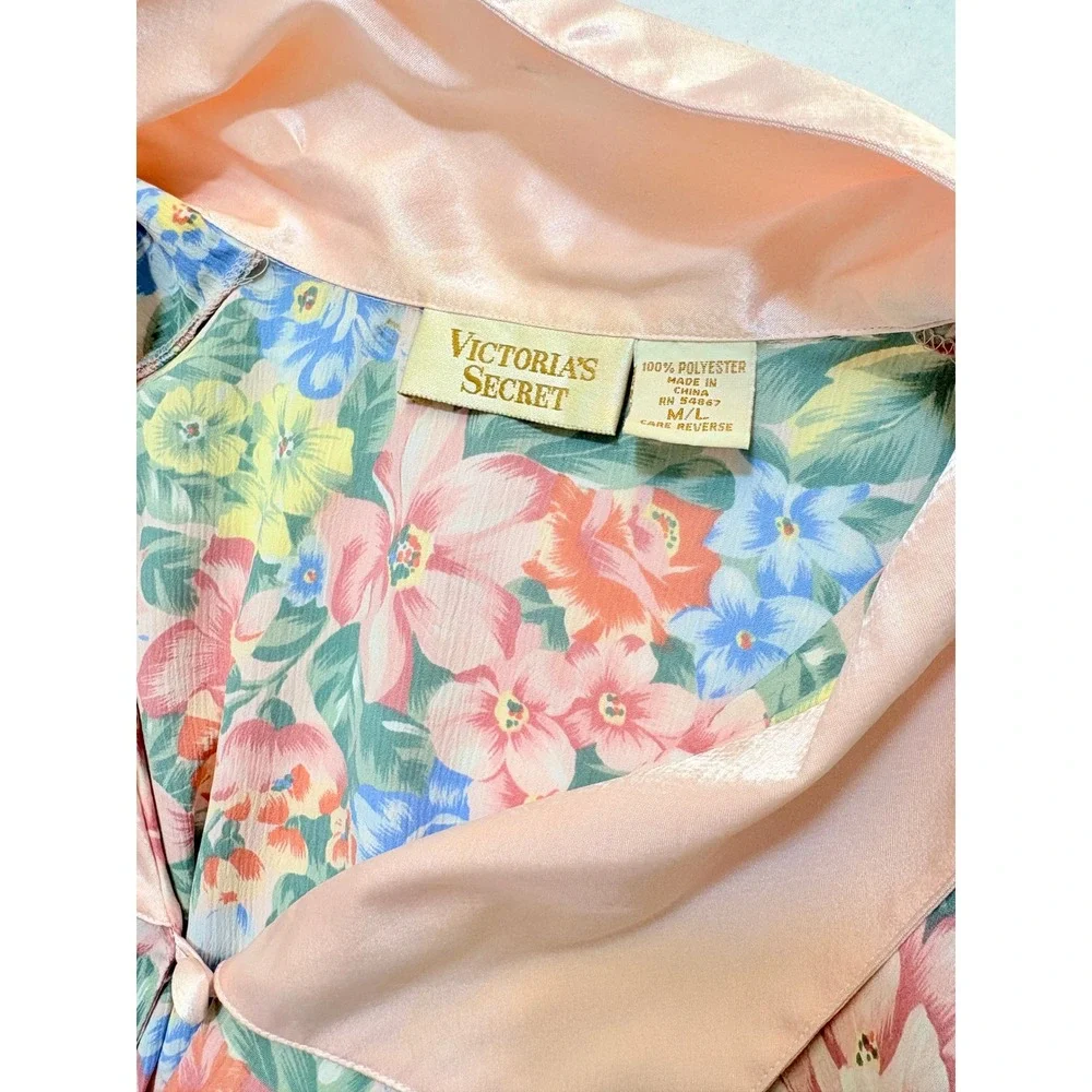 Vintage Victorias Secret Gold Label Floral Satin Trim Nightshirt Robe Pink